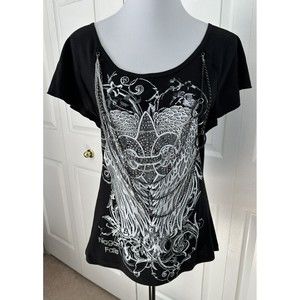 Niagara Falls Black Cotton T Shirt Chains Flutter Sleeve Bling Top Size M EUC
